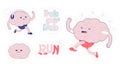 Stickers set. Cheerful brain run, listen to the music in headphones, angry brain with arms crossed, text: Run, Train your brain.